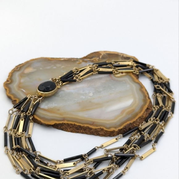 Vintage Black Glass Bugle Bead Multi Strand Gold Tone Chain Necklace 1970s - Picture 9 of 14